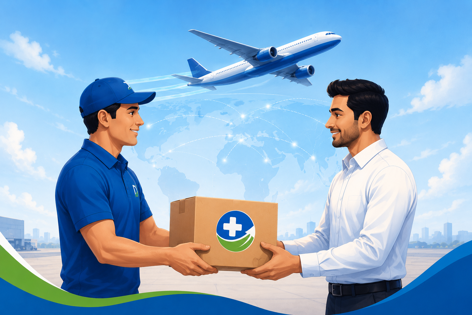 A Divine Enterprises courier hands a sealed medicine parcel to a customer as a cargo plane flies overhead — worldwide pharmaceutical delivery.